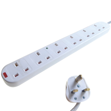 2m 6 gang outlet mains lead + surge + LEDs [3 pin 13 amp plug (fused at 13 amps) to 6 x 3 pin 13 amp sockets]