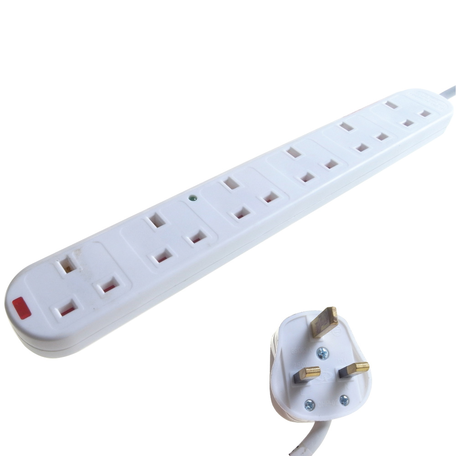 2m 6 gang outlet mains lead + surge + LEDs [3 pin 13 amp plug (fused at 13 amps) to 6 x 3 pin 13 amp sockets]